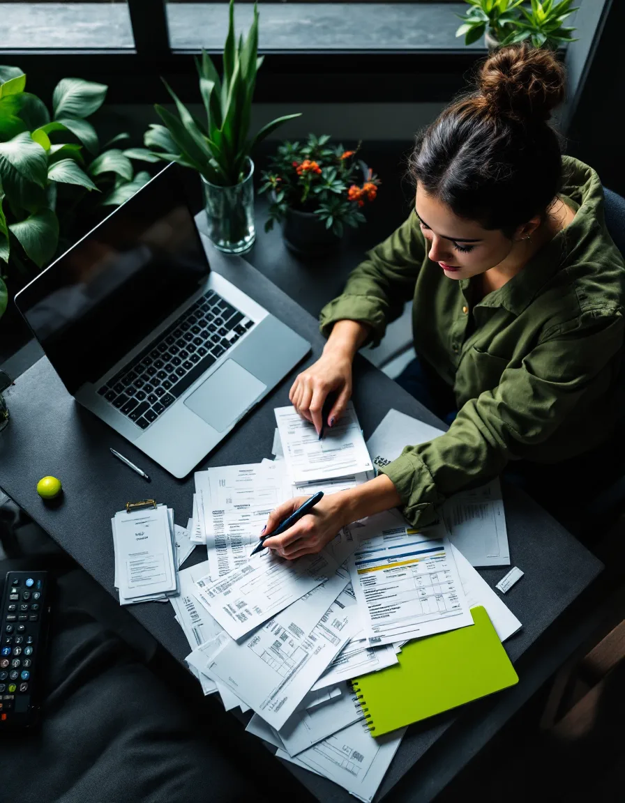 A bookkeeper reconciling a contractor's paper receipts at a tidy desk