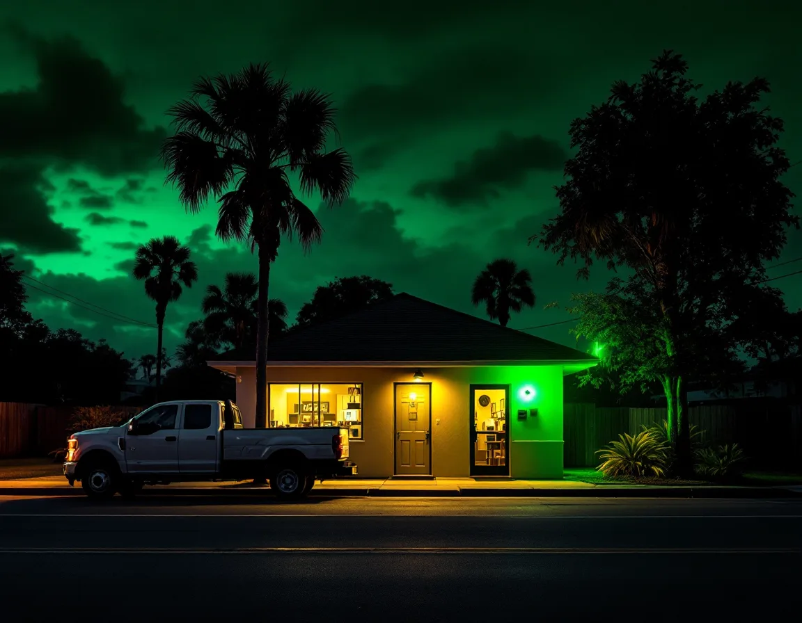 Dusk exterior of the Gravel & Ledger office with a work truck parked out front