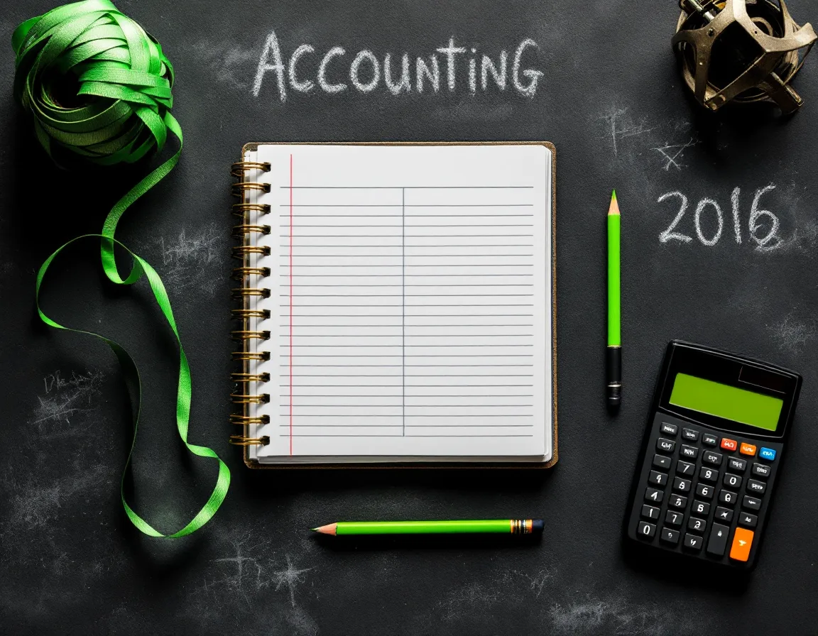 Open ledger, chalk line reel and calculator arranged on a dark surface